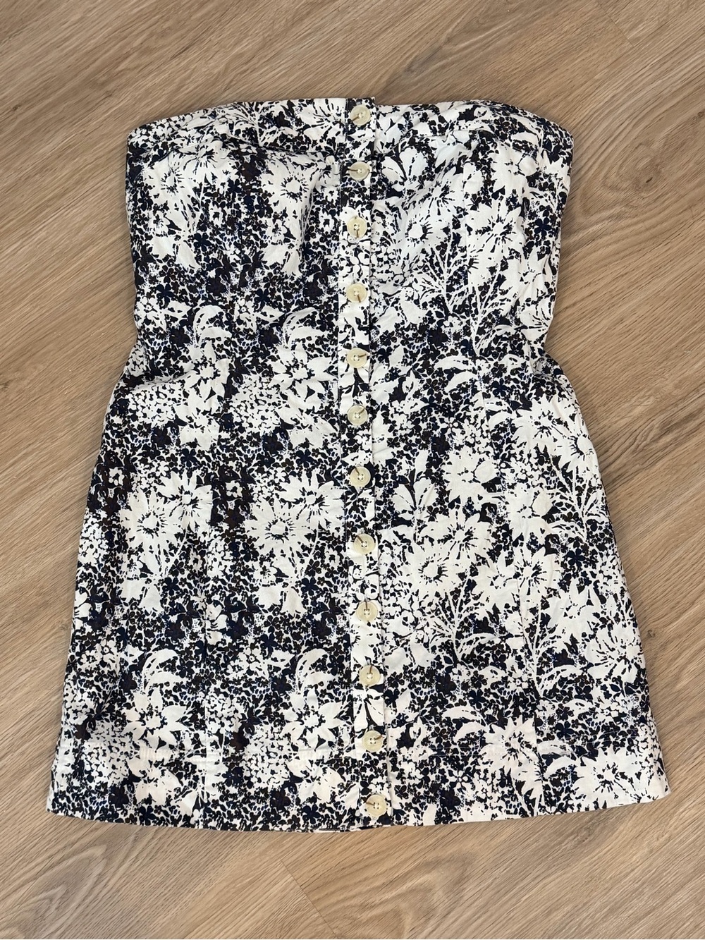 Free People Black and White Strapless Floral Button-Front Mini Dress